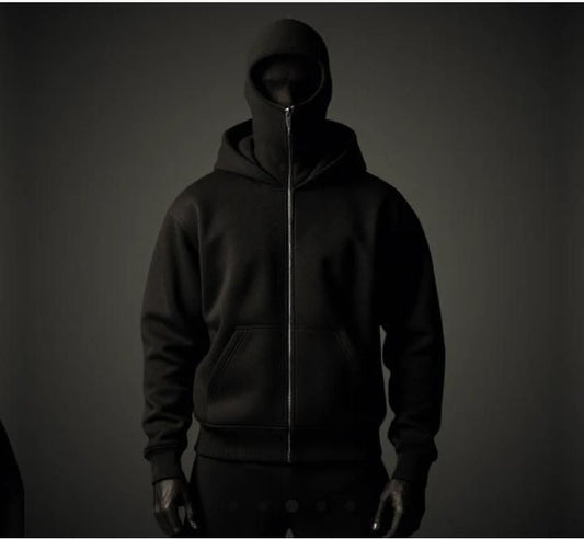 Men’s Full‑Sleeve Zipper Hoodie with Built‑In Mask (Black, Cotton/Fleece)